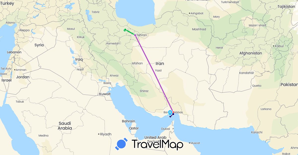 TravelMap itinerary: driving, bus, train, hiking, boat in Iran (Asia)